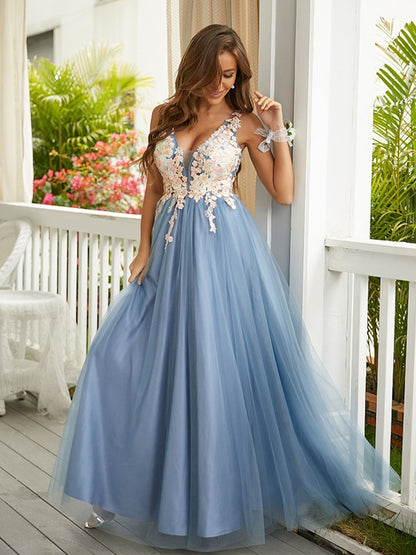 Tulle Applique V-neck Sleeveless Floor-Length Dresses