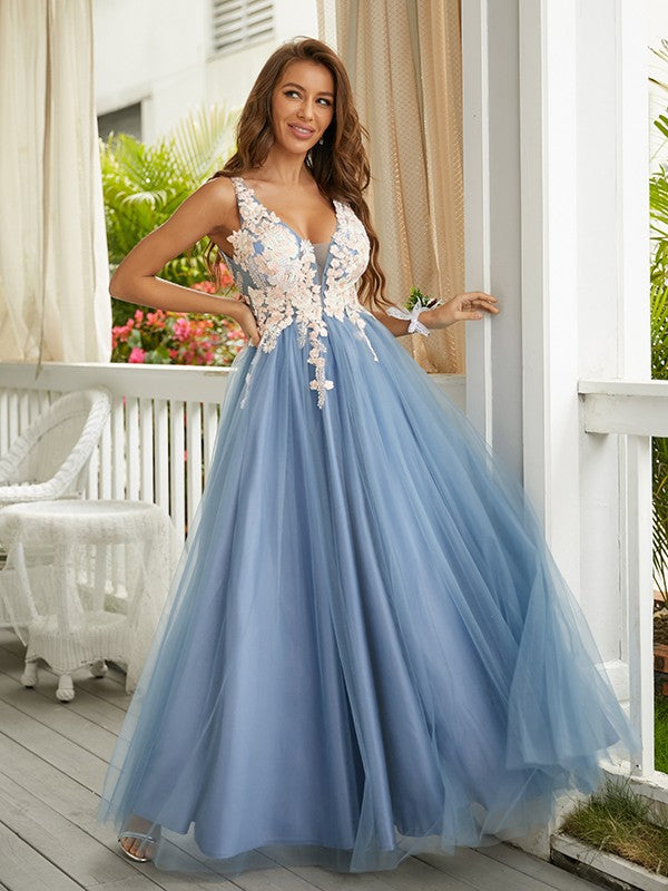 Tulle Applique V-neck Sleeveless Floor-Length Dresses