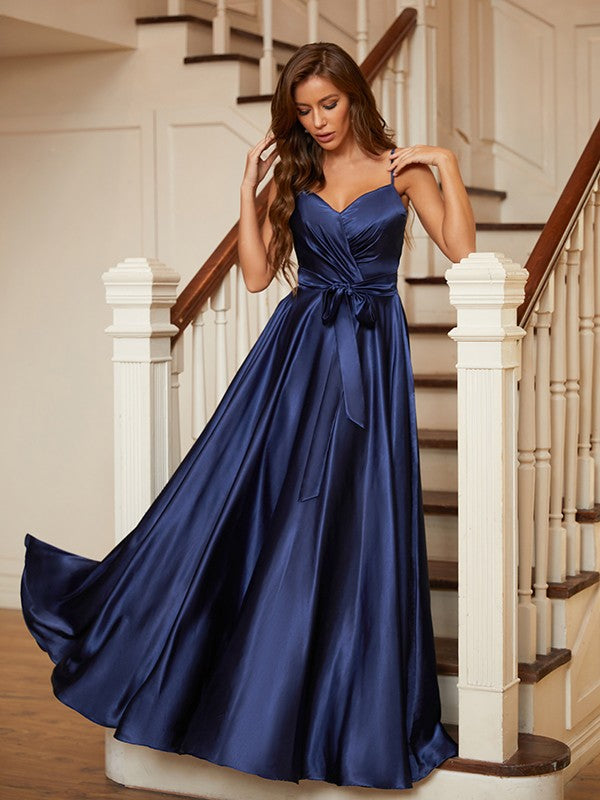 Silk like Satin Ruffles V-neck Sleeveless Floor-Length Dresses