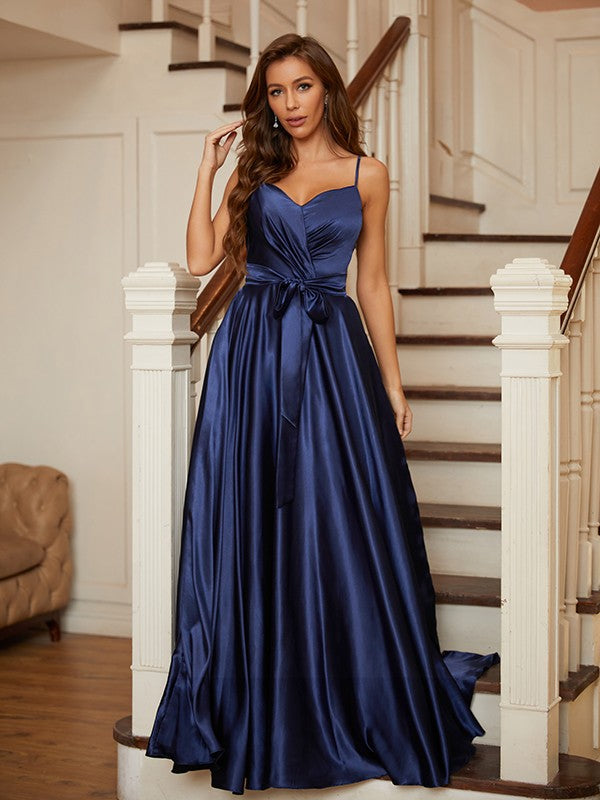 Silk like Satin Ruffles V-neck Sleeveless Floor-Length Dresses