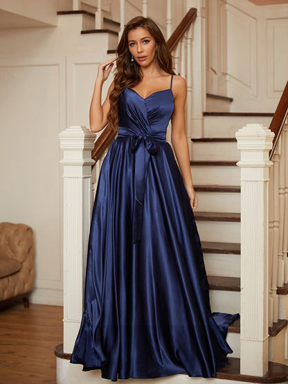 Silk like Satin Ruffles V-neck Sleeveless Floor-Length Dresses
