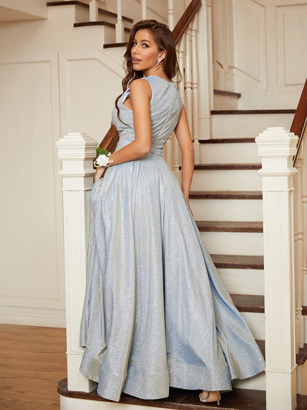 A-Line Ruffles Scoop Sleeveless Floor-Length Dresses