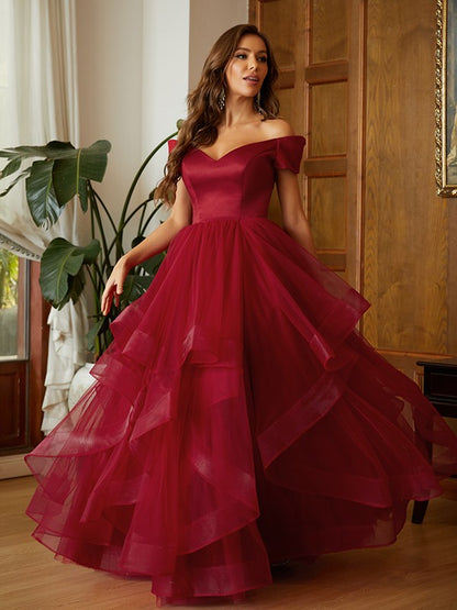 A-Line Tulle Ruffles Off-the-Shoulder Sleeveless Floor-Length Dresses