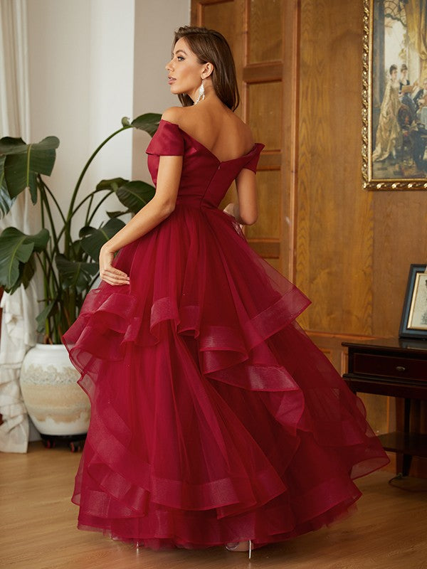 A-Line Tulle Ruffles Off-the-Shoulder Sleeveless Floor-Length Dresses