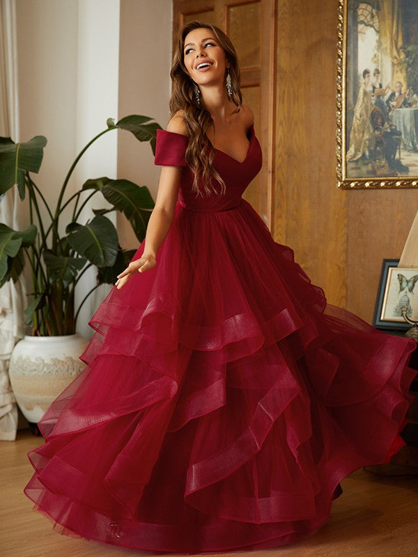 A-Line Tulle Ruffles Off-the-Shoulder Sleeveless Floor-Length Dresses