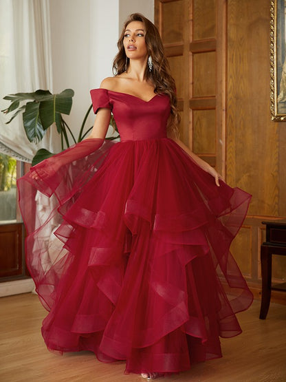 A-Line Tulle Ruffles Off-the-Shoulder Sleeveless Floor-Length Dresses