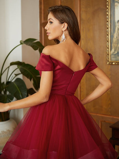 A-Line Tulle Ruffles Off-the-Shoulder Sleeveless Floor-Length Dresses