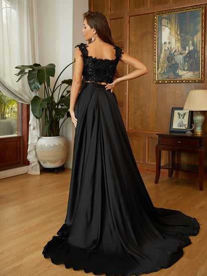 Satin Applique Off-the-Shoulder Sleeveless Sweep/Brush Train Two Piece Dresses