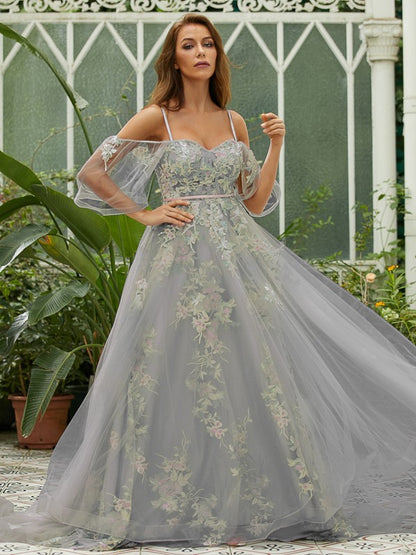 Applique Sweetheart Short Sleeves Sweep/Brush Train Dresses