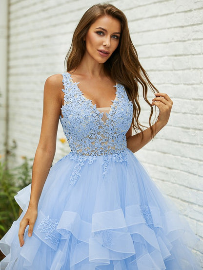 Tulle Lace V-neck Sleeveless Floor-Length Dresses