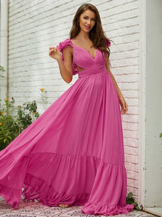 Chiffon Ruffles V-neck Sleeveless Sweep/Brush Train Dresses
