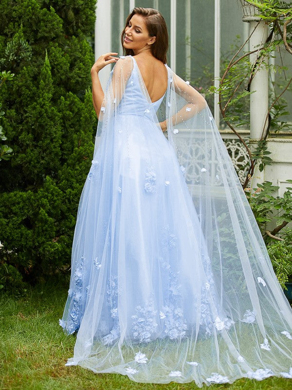 Tulle Applique V-neck Sleeveless Sweep/Brush Train Dresses