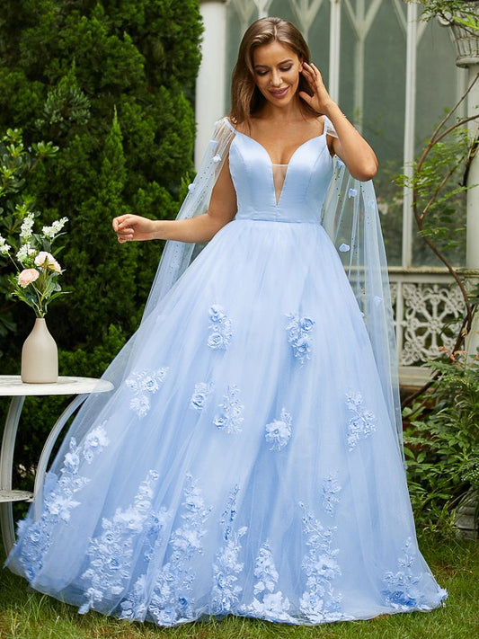 Tulle Applique V-neck Sleeveless Sweep/Brush Train Dresses