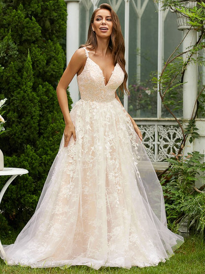 Tulle Lace V-neck Sleeveless Sweep/Brush Train Dresses
