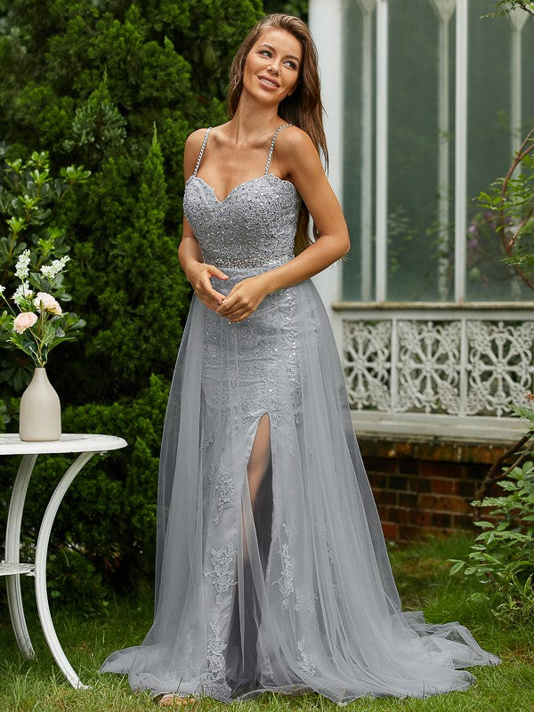 Tulle Lace V-neck Sleeveless Sweep/Brush Train Dresses