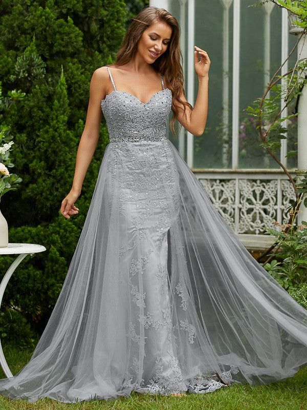 Tulle Lace V-neck Sleeveless Sweep/Brush Train Dresses