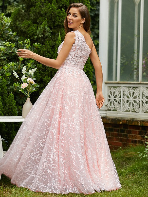 A-Line Lace Ruffles One-Shoulder Sleeveless Sweep/Brush Train Dresses