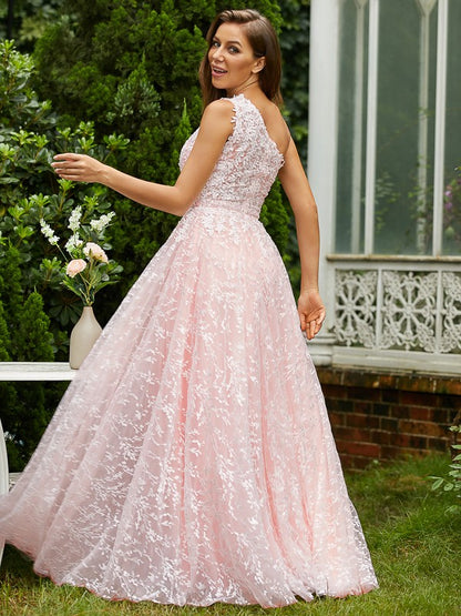 A-Line Lace Ruffles One-Shoulder Sleeveless Sweep/Brush Train Dresses