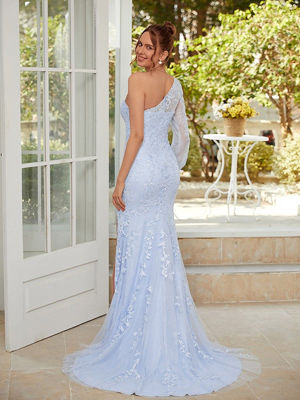 Tulle Applique One-Shoulder Long Sleeves Sweep/Brush Train Dresses