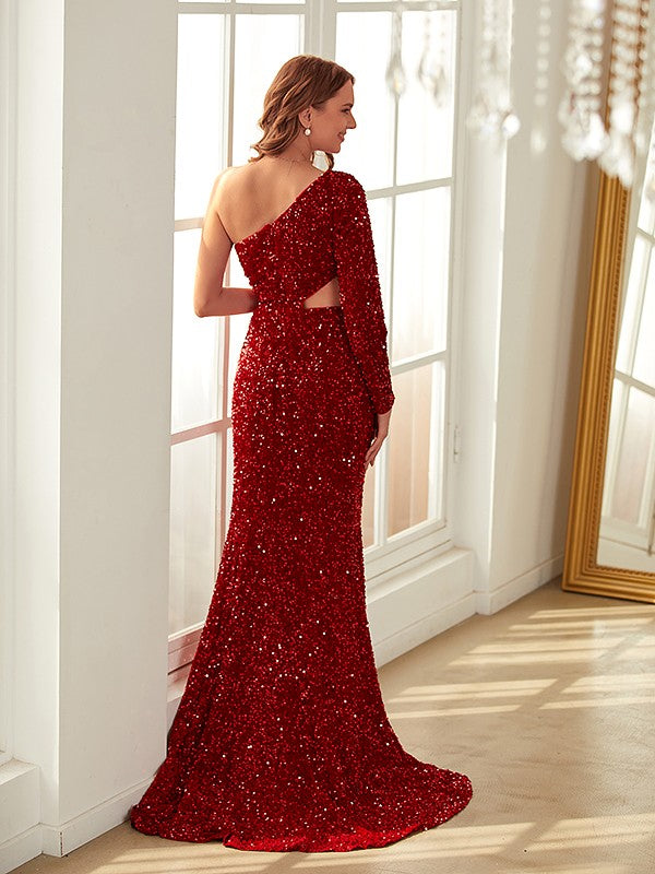Velvet Sequins One-Shoulder Long Sleeves Sweep/Brush Train Dresses