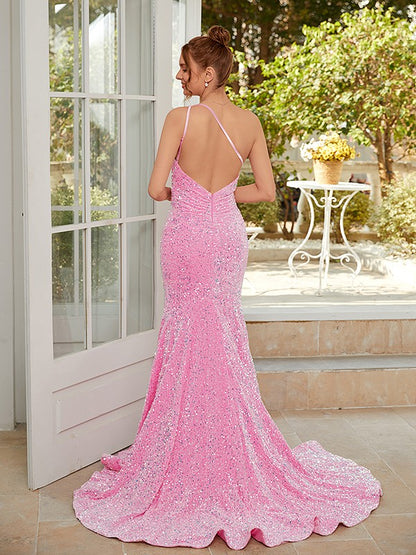 Velvet Sequins Ruched One-Shoulder Sleeveless Sweep/Brush Train Dresses