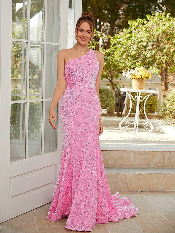 Velvet Sequins Ruched One-Shoulder Sleeveless Sweep/Brush Train Dresses