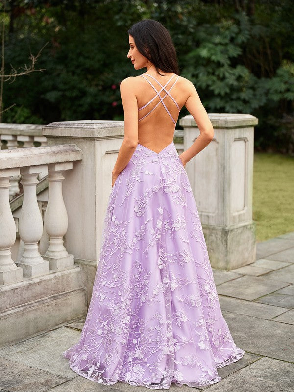 Lace V-neck Sleeveless Sweep/Brush Train Dresses