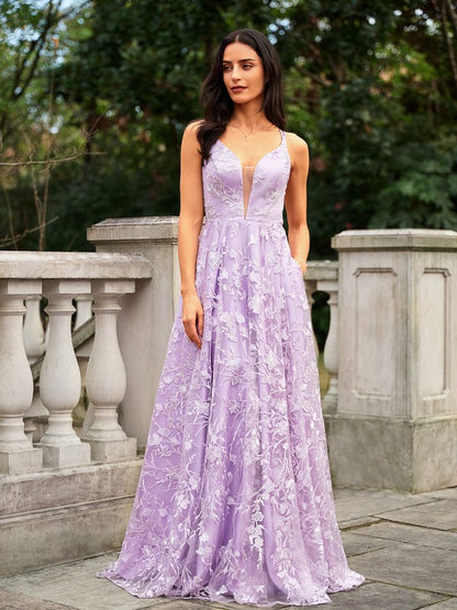 Lace V-neck Sleeveless Sweep/Brush Train Dresses