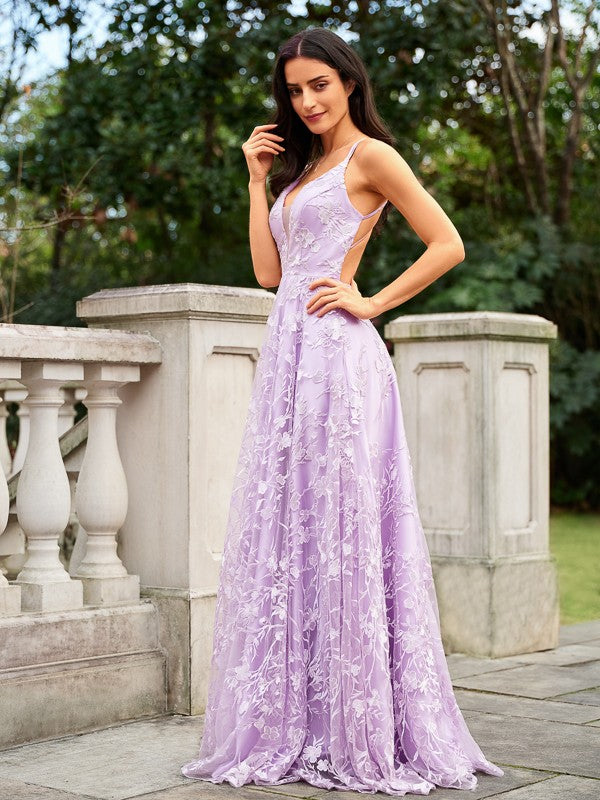 Lace V-neck Sleeveless Sweep/Brush Train Dresses