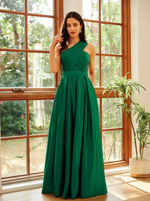 A-Line Satin Ruched One-Shoulder Sleeveless Floor-Length Dresses
