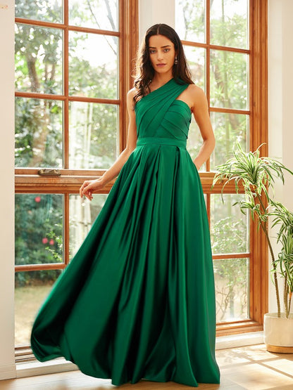 A-Line Satin Ruched One-Shoulder Sleeveless Floor-Length Dresses