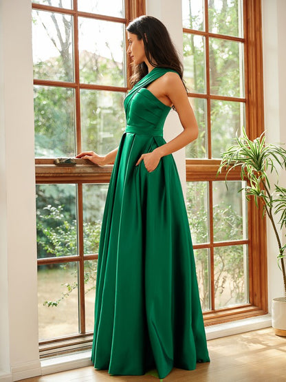 A-Line Satin Ruched One-Shoulder Sleeveless Floor-Length Dresses