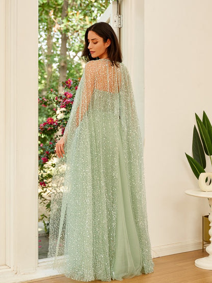 A-Line Tulle Ruched Straps Long Sleeves Floor-Length Dresses