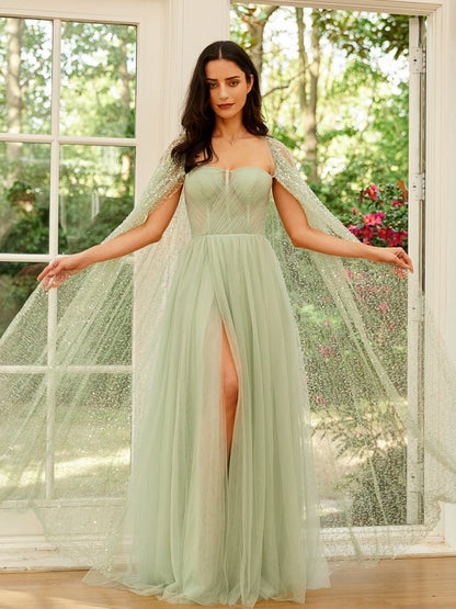 A-Line Tulle Ruched Straps Long Sleeves Floor-Length Dresses
