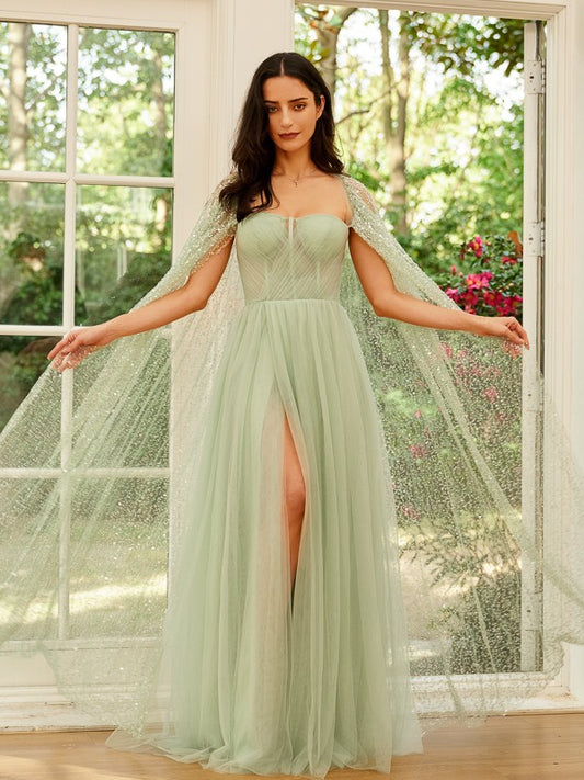 A-Line Tulle Ruched Straps Long Sleeves Floor-Length Dresses