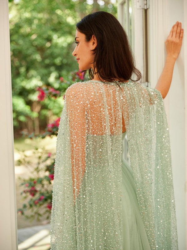 A-Line Tulle Ruched Straps Long Sleeves Floor-Length Dresses