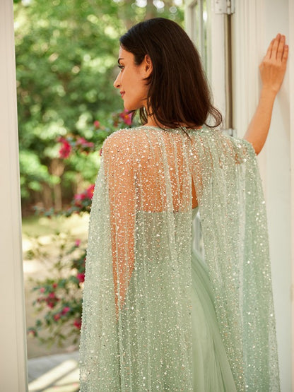 A-Line Tulle Ruched Straps Long Sleeves Floor-Length Dresses