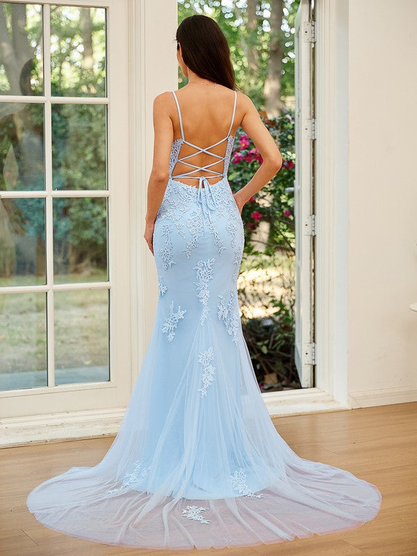 Tulle Applique V-neck Sleeveless Court Train Dresses