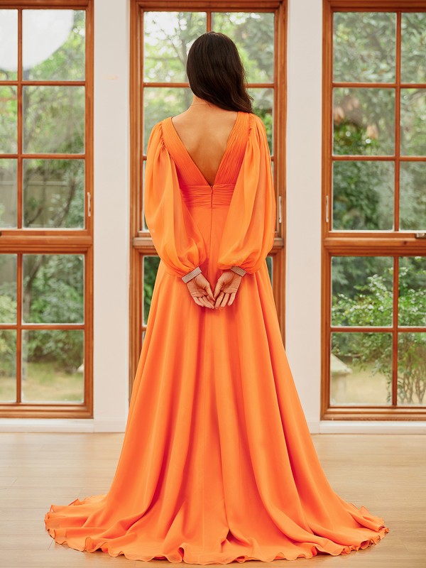 Chiffon Ruffles V-neck Long Sleeves Sweep/Brush Train Dresses