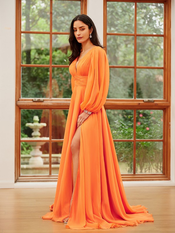 Chiffon Ruffles V-neck Long Sleeves Sweep/Brush Train Dresses