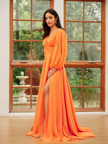 Chiffon Ruffles V-neck Long Sleeves Sweep/Brush Train Dresses