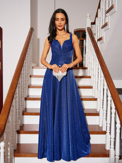 Ruched V-neck Sleeveless Floor-Length Dresses