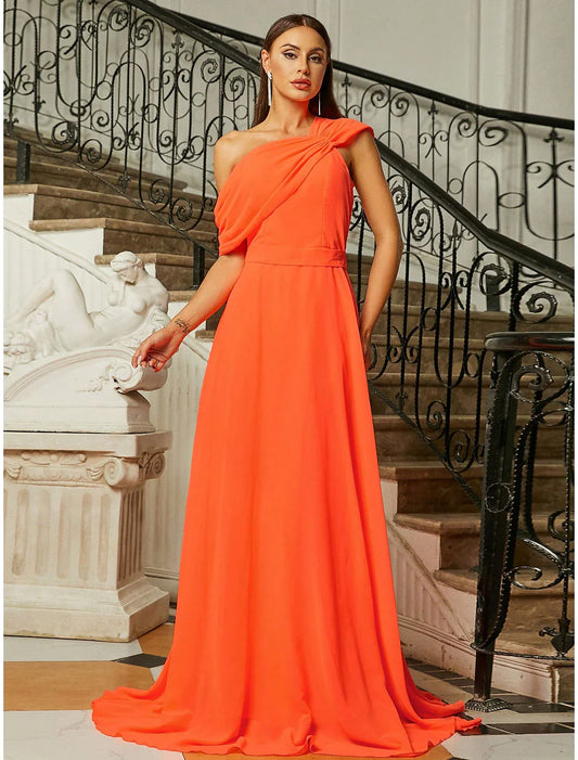 Evening Gown Elegant Dress Formal Wedding Guest Sweep / Brush Train Short Sleeve One Shoulder Stretch Fabric with Pleats Ruched