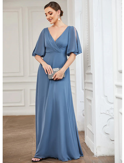 Evening Gown Minimalist Dress Wedding Guest Prom Floor Length Half Sleeve V Neck Chiffon with Pleats