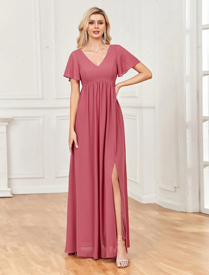 Evening Gown Empire Dress Party Wear Floor Length Short Sleeve V Neck Chiffon V Back with Slit