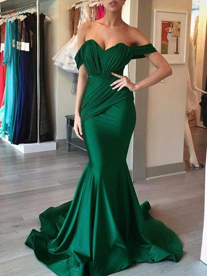 Mermaid Sleeveless Off-the-Shoulder Sweep Train Ruffles Spandex Dresses