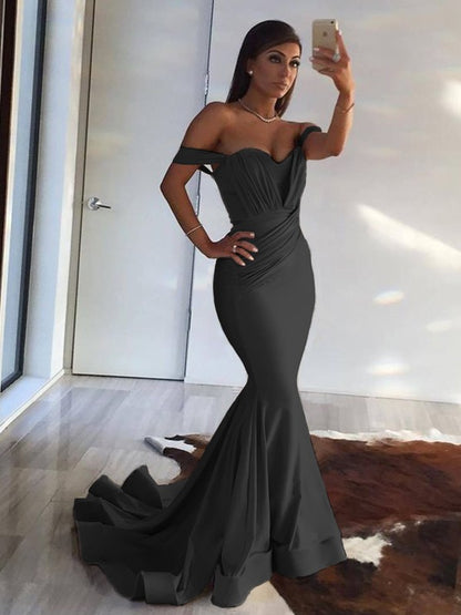 Mermaid Sleeveless Off-the-Shoulder Sweep Train Ruffles Spandex Dresses