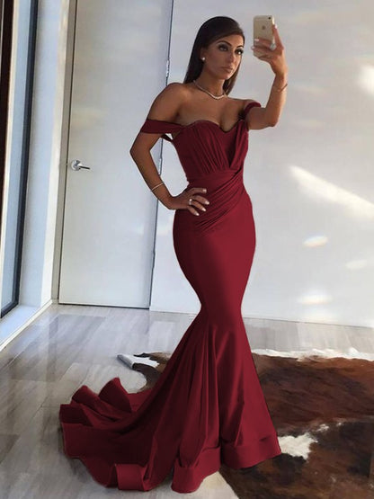 Mermaid Sleeveless Off-the-Shoulder Sweep Train Ruffles Spandex Dresses
