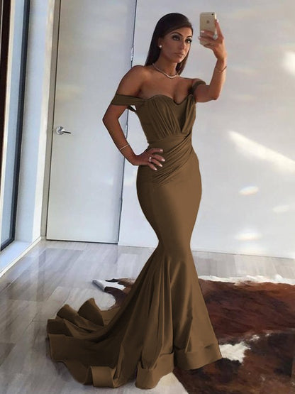 Mermaid Sleeveless Off-the-Shoulder Sweep Train Ruffles Spandex Dresses
