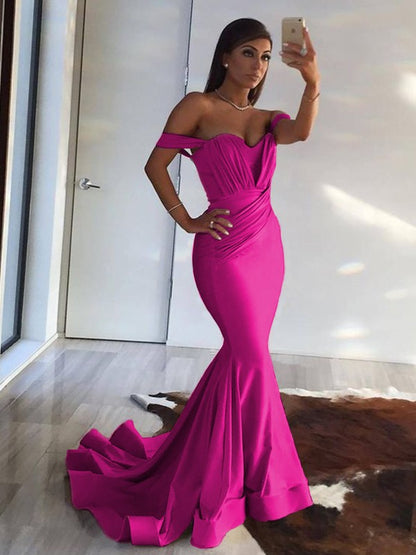 Mermaid Sleeveless Off-the-Shoulder Sweep Train Ruffles Spandex Dresses
